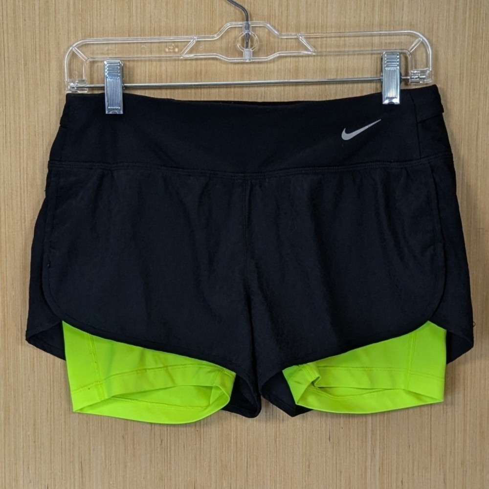 Nike Running Dri-FIT 2-in-1 Shorts Black Neon Yellow Womens Size S Zip Pocket